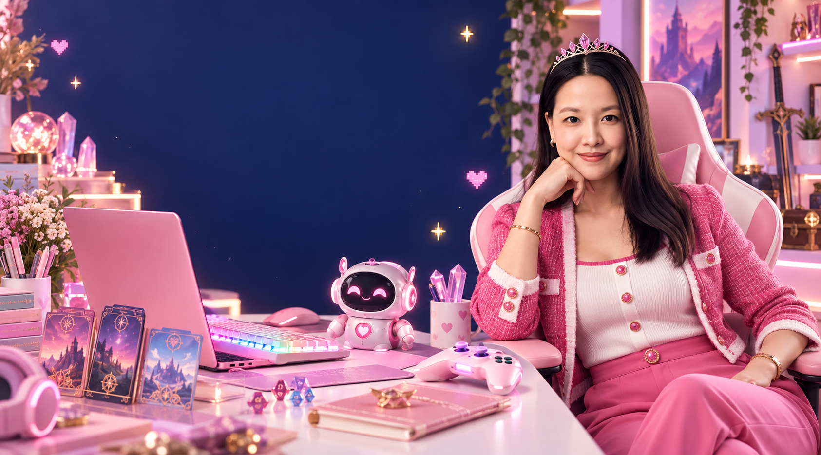 Hannah in a polished pink RPG-inspired gaming and creative studio