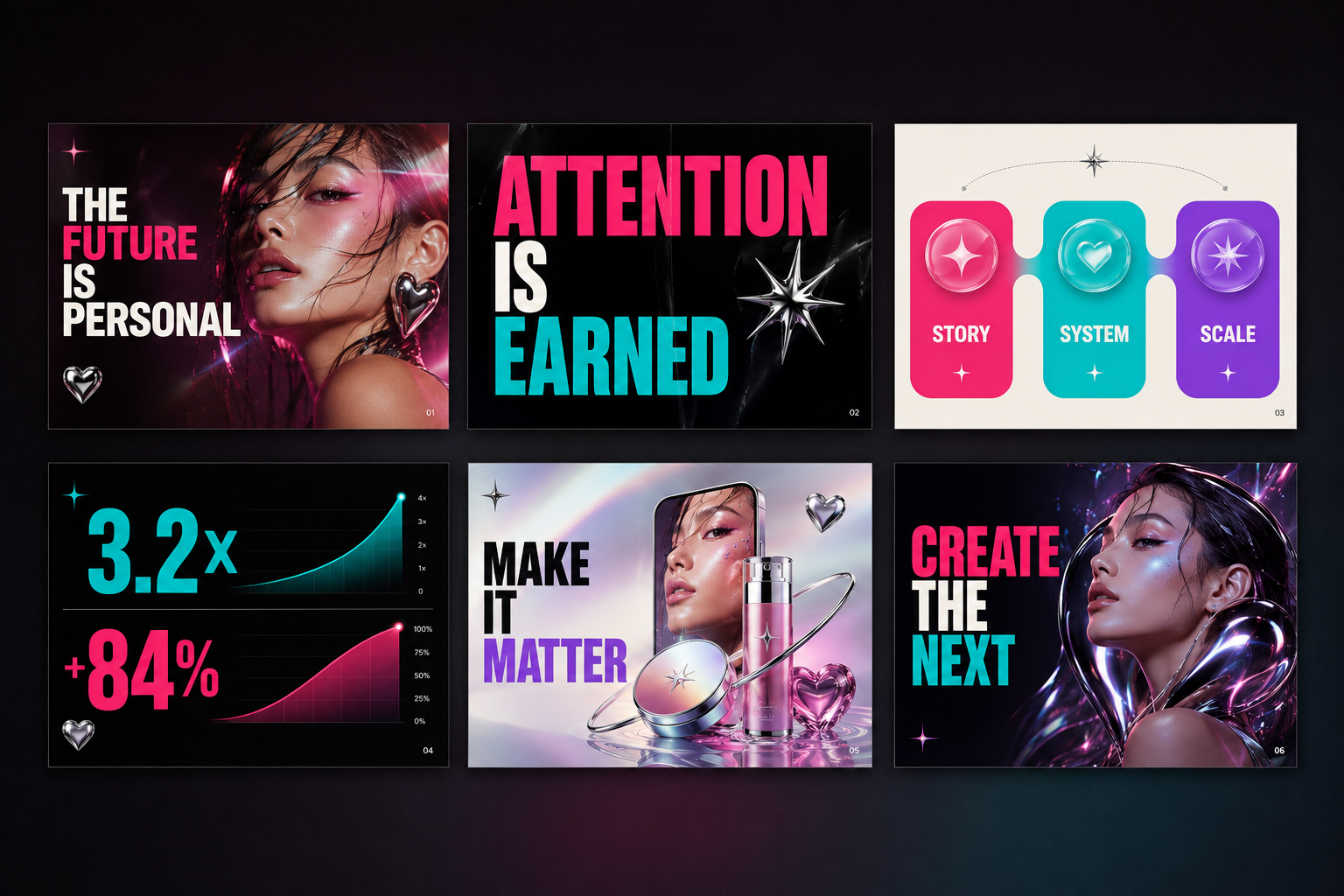 Six-slide premium presentation design campaign with strategy, data and creative direction